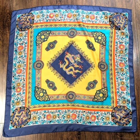 EUC 34"x34" Chinese Dragon Blue Red and Gold Square Scarf - Picture 4 of 4